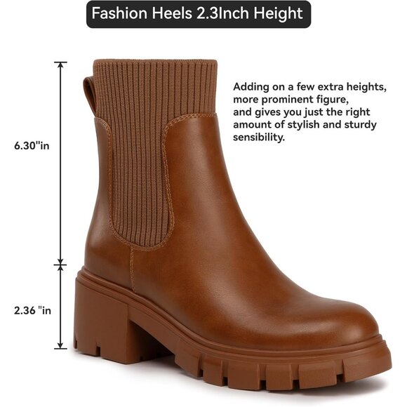 Women's Tan Chelsea Platform Boots Slip On Lug Sole Chunky Ankle Booties - Picture 5 of 6